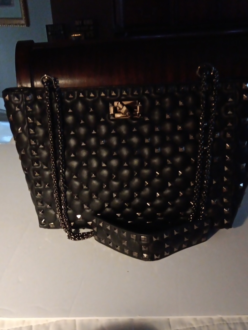 Black Quilted Tote with Pewter Pyramid Studs and Chain Straps By Inzi